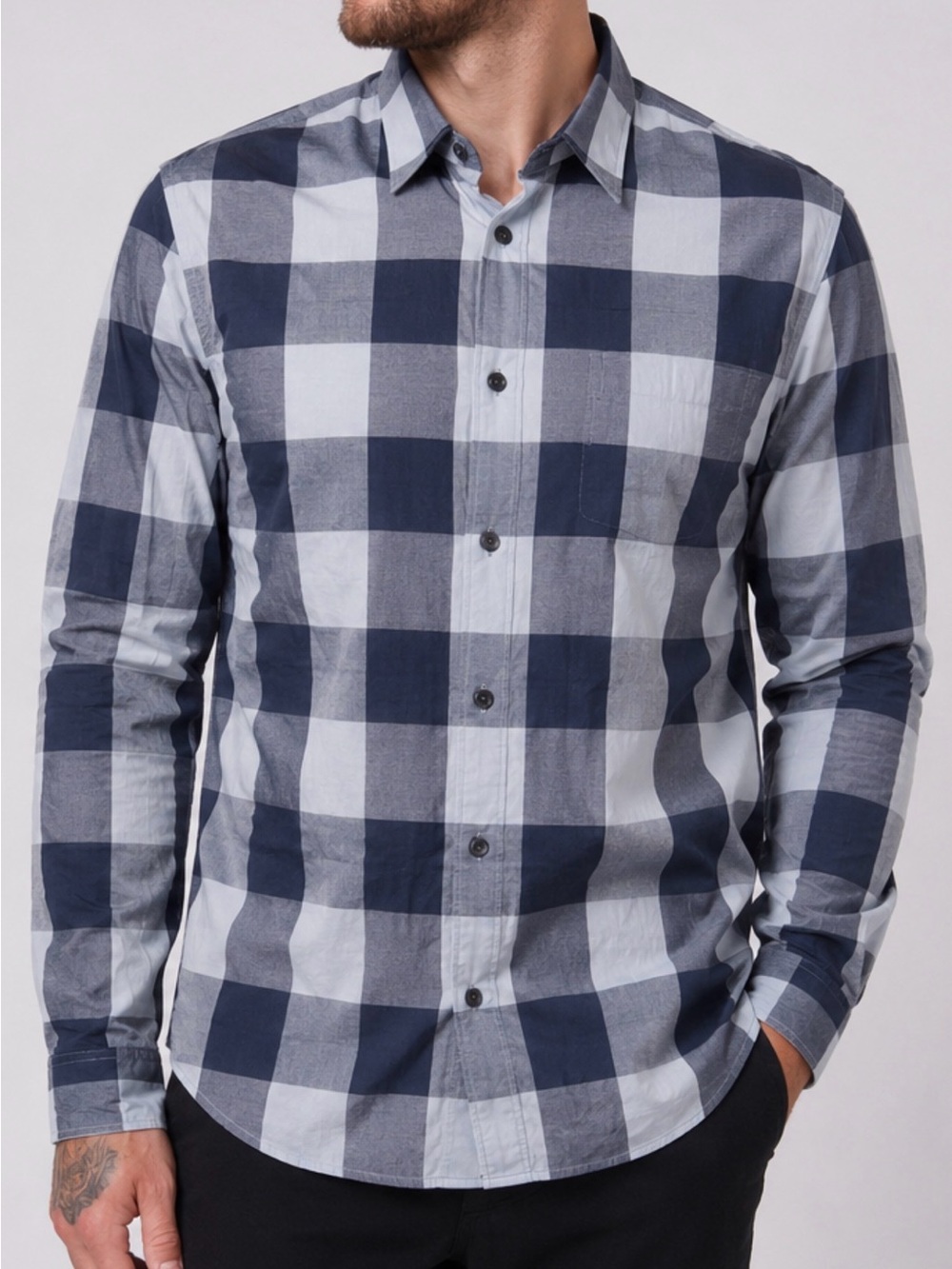 Armani Collezioni Men’s Blue Plaid Button-Up Shirt – Size L – 100% Cotton